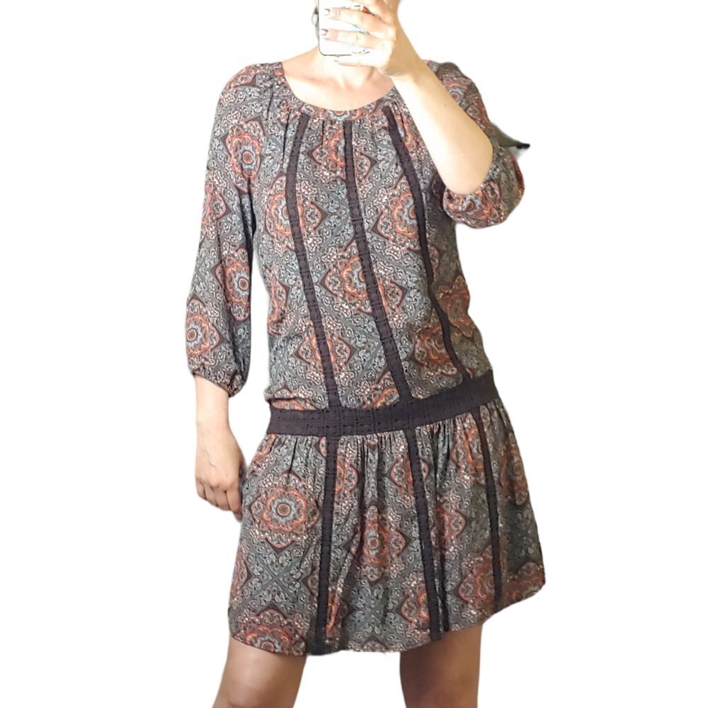 Daniel Rainn boho dress 3/4 sleeves floral lace red brown dropwaist size Small
